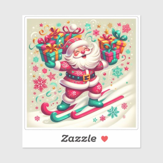 Santa skiën met kleurrijke geschenken sticker (Vel)