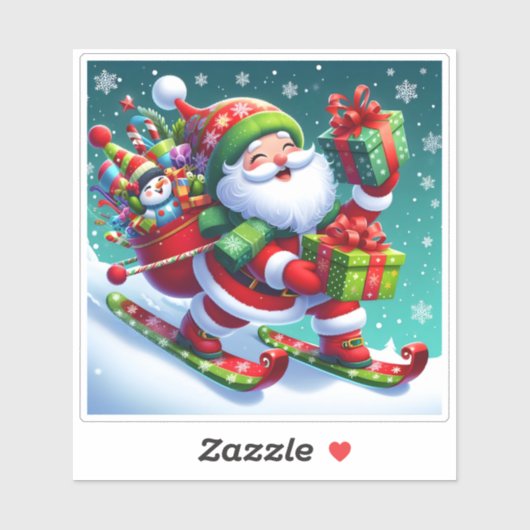 Santa skiën met kleurrijke geschenken sticker (Vel)