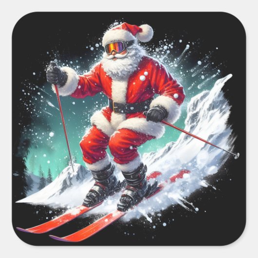 Santa skiën op een besneeuwde helling op een winte vierkante sticker (Voorkant)