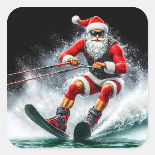 Santa skiën over golven tijdens de feestdagen vierkante sticker (Voorkant)