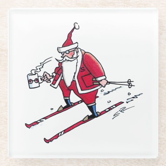 Santa Skiend wit onderzetter Glazen Onderzetter (Voorkant)