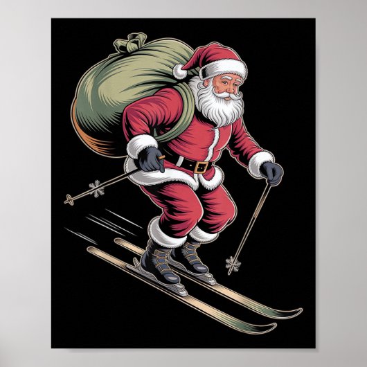 Santa Skiing Down Snowy Slopes Poster (Voorkant)