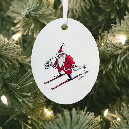 Santa Skiing oval metal ornament (Insitu)