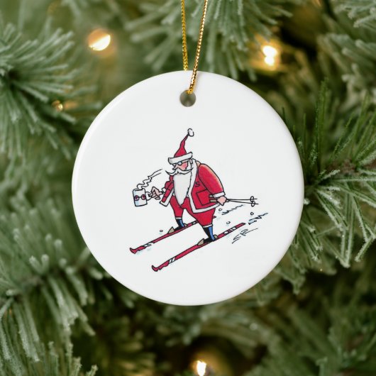 Santa Skiing round ceramic ornament (Boom)