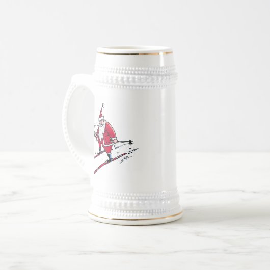 Santa Skiing white stein w gold trim Bierpul (Voorkant links)