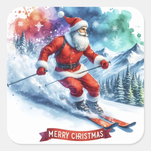 Santa ski's in een besneeuwde berg vierkante sticker (Voorkant)
