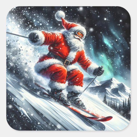 Santa ski's op een besneeuwde helling vierkante sticker (Voorkant)