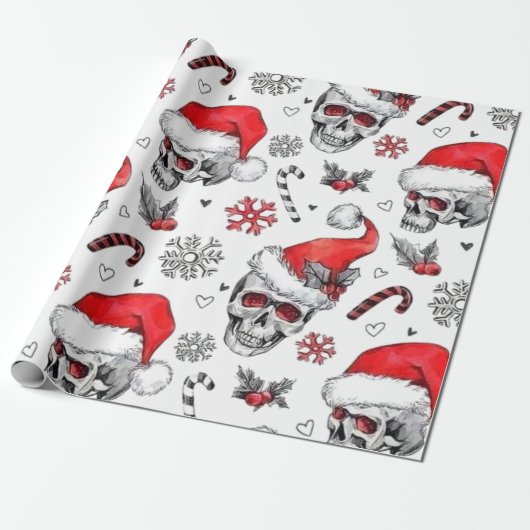 Santa Skulls en Candy Cane Wrapping Paper Cadeaupapier (Uitgerold)