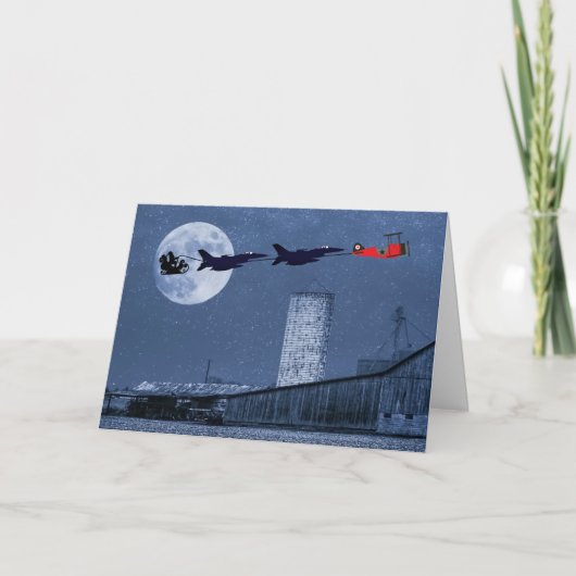 Santa, Slape, F-16 Jets en Red Biplane Kerstmis Feestdagen Kaart (Voorkant)