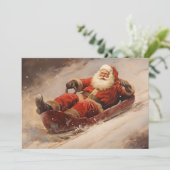 Santa Sledding Sneeuw Vrolijk Kerstfeest  Feestdagenkaart (Staand voorkant)
