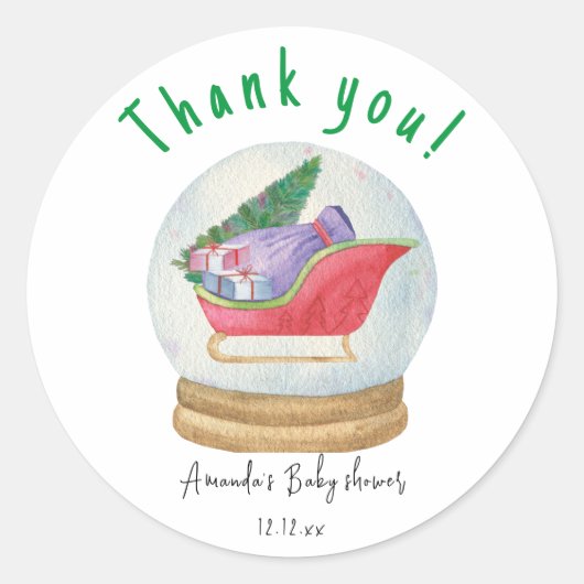 Santa slee - dank u baby shower ronde sticker (Voorkant)