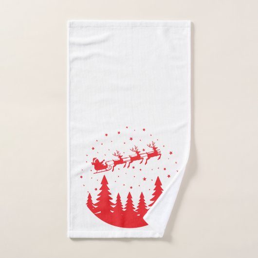 Santa Sleigh and Reindeer Flying Over Treetops Red Bad Handdoek (Handdoek)