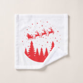 Santa Sleigh and Reindeer Flying Over Treetops Red Bad Handdoek (Wasdoekje)