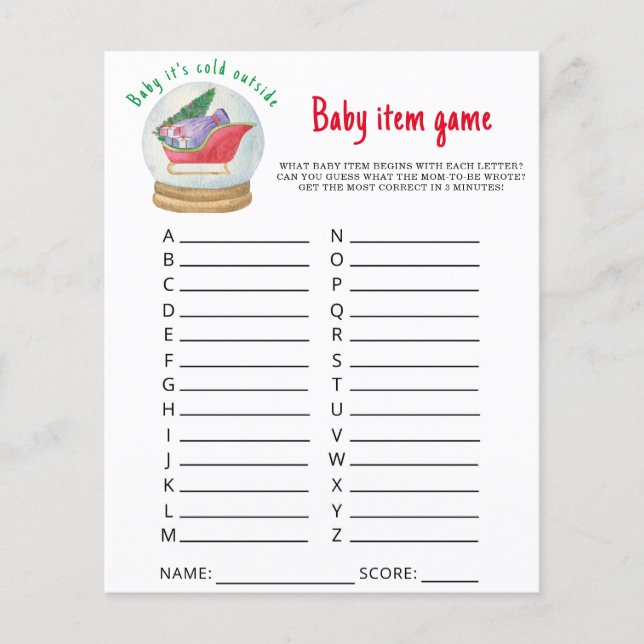 Santa sleigh - Baby Item Game. Baby shower spel (Voorkant)