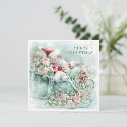 Santa Sleigh Christmas Red Blue Blauwgroen Roze Feestdagenkaart (Staand voorkant)