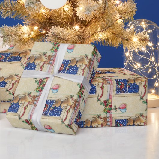 santa sleigh , een schattige bruine puppy tijdens cadeaupapier (Feestdagen)