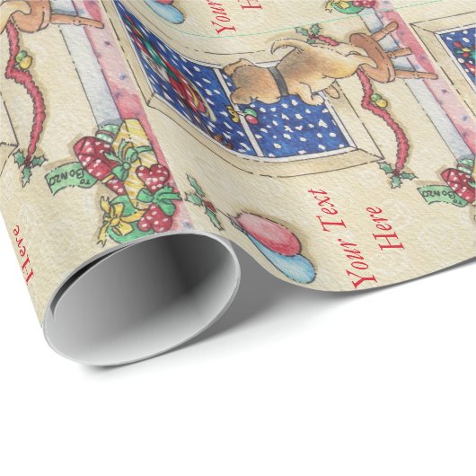 santa sleigh , een schattige bruine puppy tijdens  cadeaupapier (Rol Hoek)