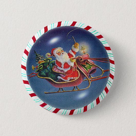 SANTA, SLEIGH EN CANDY CANE WREATH RONDE BUTTON 5,7 CM (Voorkant)