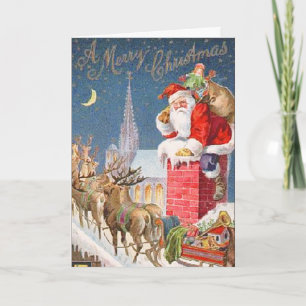 Santa Sleigh en Chimney Vintage-kerstkaart Feestdagen Kaart