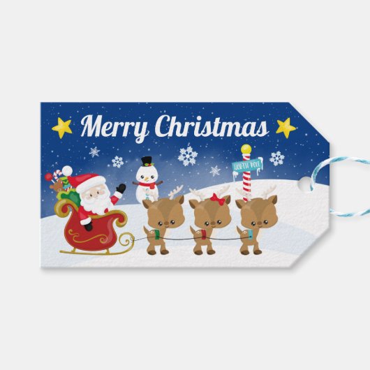 Santa Sleigh en Reindeer Night Sky kerstcadeau Cadeaulabel (Voorkant (Horizontaal))