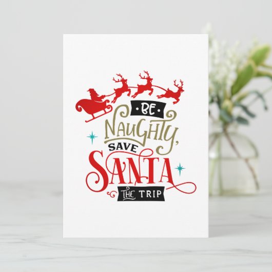 Santa sleigh en rendieren grappige kerst feestdagenkaart (Staand voorkant)