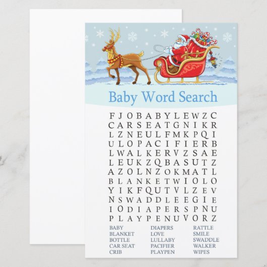 Santa Sleigh Reindeer Baby shower Word Search Game (Voorkant / Achterkant)