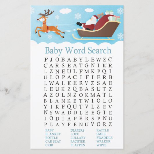 Santa Sleigh Reindeer Baby shower Word Search Game (Voorkant)