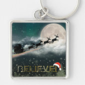Santa Sleigh Reindeer kerstButton Sleutelhanger (Voorkant)
