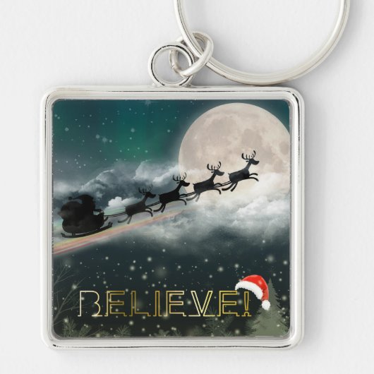 Santa Sleigh Reindeer kerstButton Sleutelhanger (Voorkant)