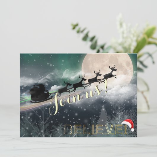 Santa Sleigh Reindeer Kerstfeest Uitnodiging (Staand voorkant)