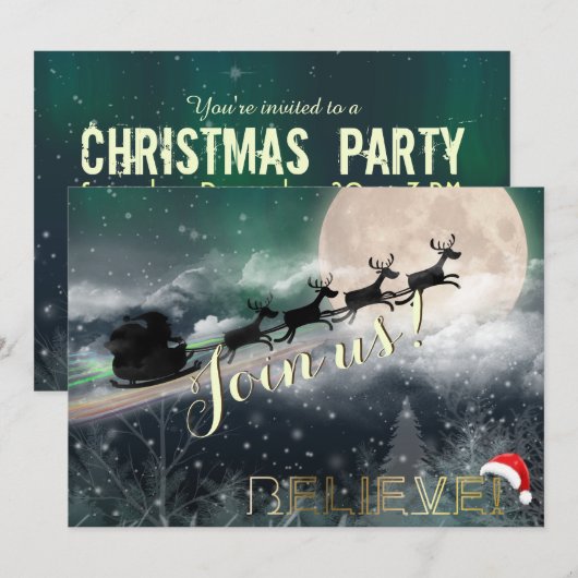 Santa Sleigh Reindeer Kerstfeest Uitnodiging (Voorkant / Achterkant)