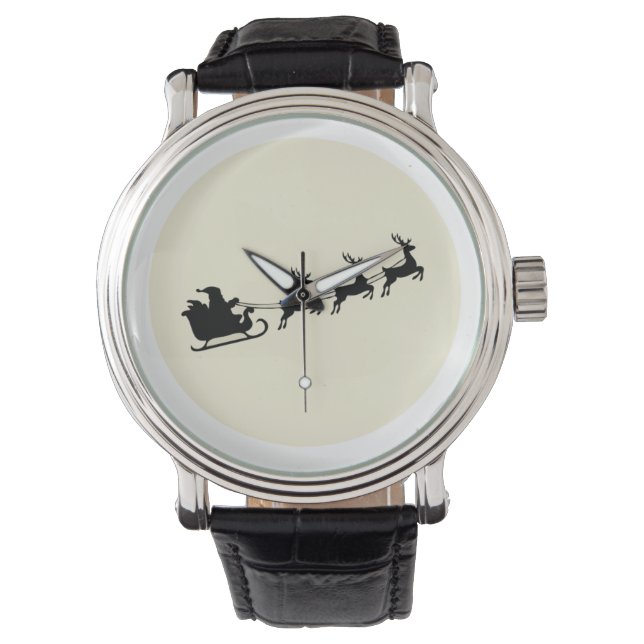  Santa Sleigh Reindeer Silhouet Volle Maan Horloge (Voorkant)
