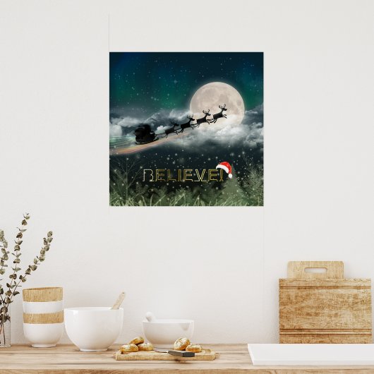 Santa Sleigh Reindeerkerstpapier Poster (Keuken)
