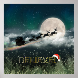 Santa Sleigh Reindeerkerstpapier Poster