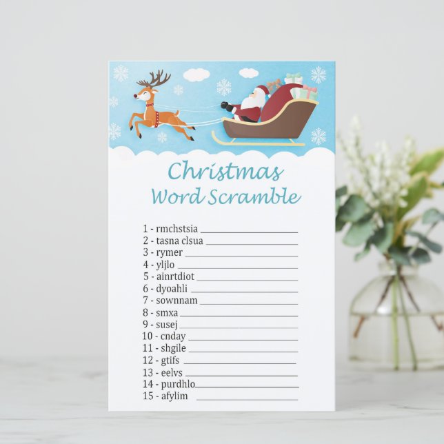 Santa sleigh rendier Kerstmis woord scramble spel (Staand voorkant)