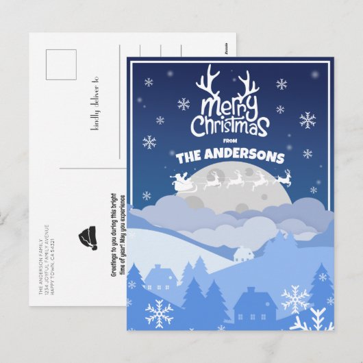 Santa Sleigh & Rendieren Vliegen in de Midnight Sk Feestdagenkaart (Voorkant / Achterkant)