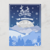 Santa Sleigh & Rendieren Vliegen in de Midnight Sk Feestdagenkaart (Voorkant)