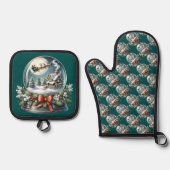 Santa Sleigh Ride in Snow Wereldbol Wonderland Ovenwant & Pannenlap Set (Voorkant)