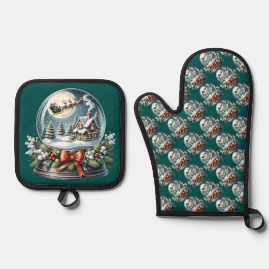 Santa Sleigh Ride in Snow Wereldbol Wonderland Ovenwant & Pannenlap Set (Voorkant)