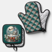 Santa Sleigh Ride in Snow Wereldbol Wonderland Ovenwant & Pannenlap Set (Voorkant / Achterkant)