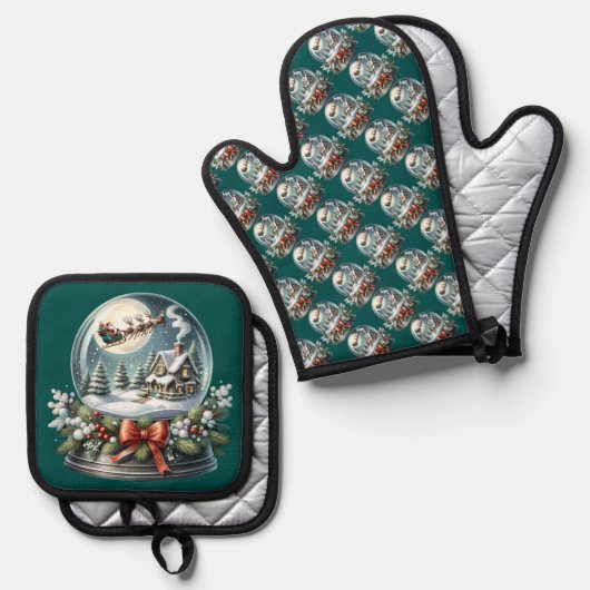 Santa Sleigh Ride in Snow Wereldbol Wonderland Ovenwant & Pannenlap Set (Voorkant / Achterkant)