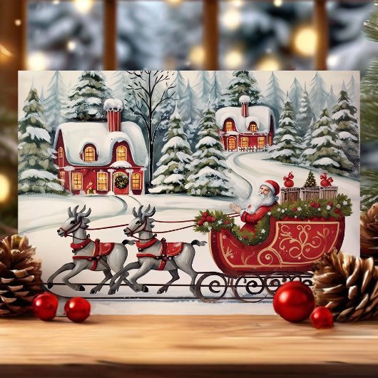 Santa Sleigh Ride Vintage Kerstmis Feestdagen Kaart