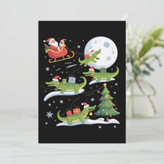 Santa Sleigh Riding Alligator Christmas Funny Xmas Feestdagenkaart (Staand voorkant)