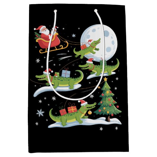 Santa Sleigh Riding Alligator Christmas Funny Xmas Medium Cadeauzakje (Voorkant)