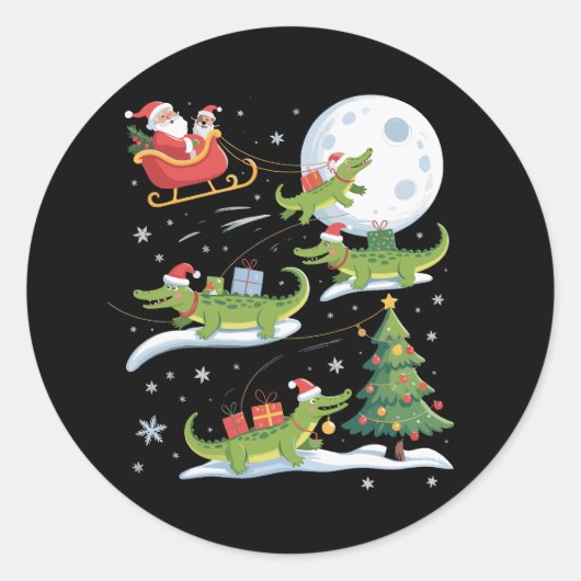 Santa Sleigh Riding Alligator Christmas Funny Xmas Ronde Sticker (Voorkant)