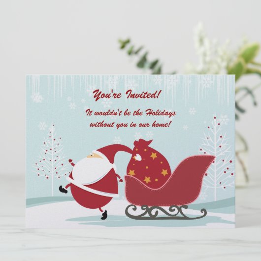Santa Sleigh Trees Winter Scene Holiday Party Invi Kaart (Staand voorkant)