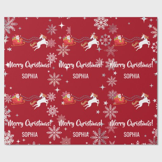 Santa Sleigh Unicorn Snowflakes Personalized Xmas Cadeaupapier (Vlak)