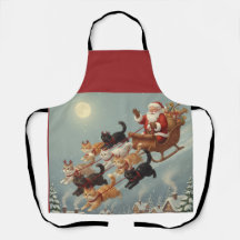 Santa Sleigh with Flying Cats Christmas Apron