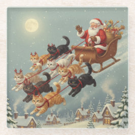 Santa Sleigh with Flying Cats Glass Coaster Glazen Onderzetter