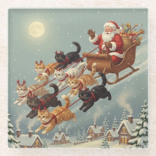 Santa Sleigh with Flying Cats Glass Coaster Glazen Onderzetter (Voorkant)